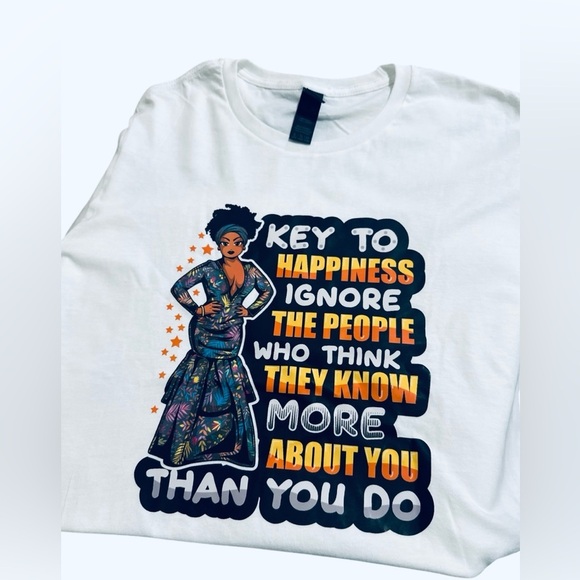 Hand-Pressed "Key to Happiness" Graphic Tee - White, XL - Picture 4 of 6